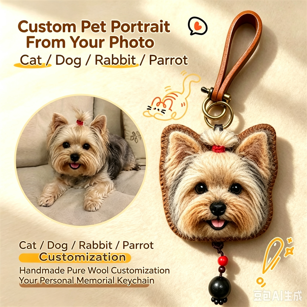 Hand‑Felt Custom Realistic Pet Portrait Keychain Personalized Cat & Dog Memorial Keepsake Handmade Wool Felt Pet Photo Customized Charm Hanging Pendant For Pet Loss Gift
