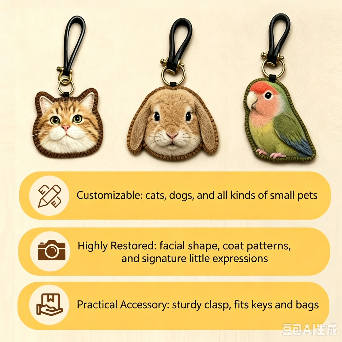 Hand‑Felt Custom Realistic Pet Portrait Keychain Personalized Cat & Dog Memorial Keepsake Handmade Wool Felt Pet Photo Customized Charm Hanging Pendant For Pet Loss Gift