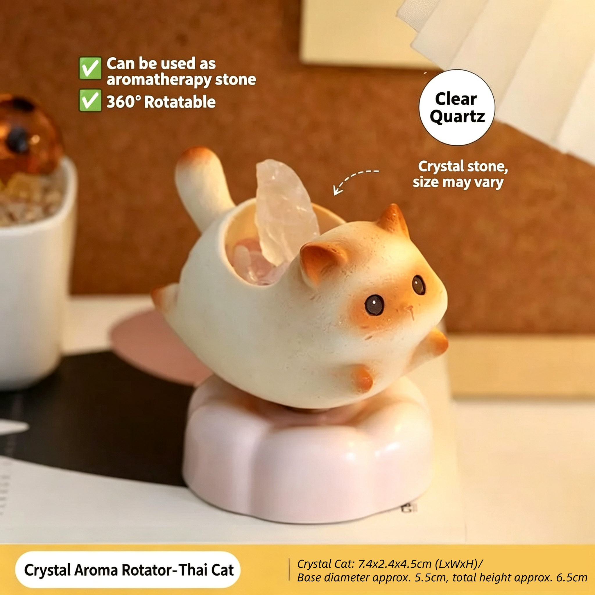 Rotatable Cartoon Cat Crystal Aroma Diffuser Stone Resin Stress Relief Desktop Ornament Home Decor Birthday Gift for Living Room Office Entryway