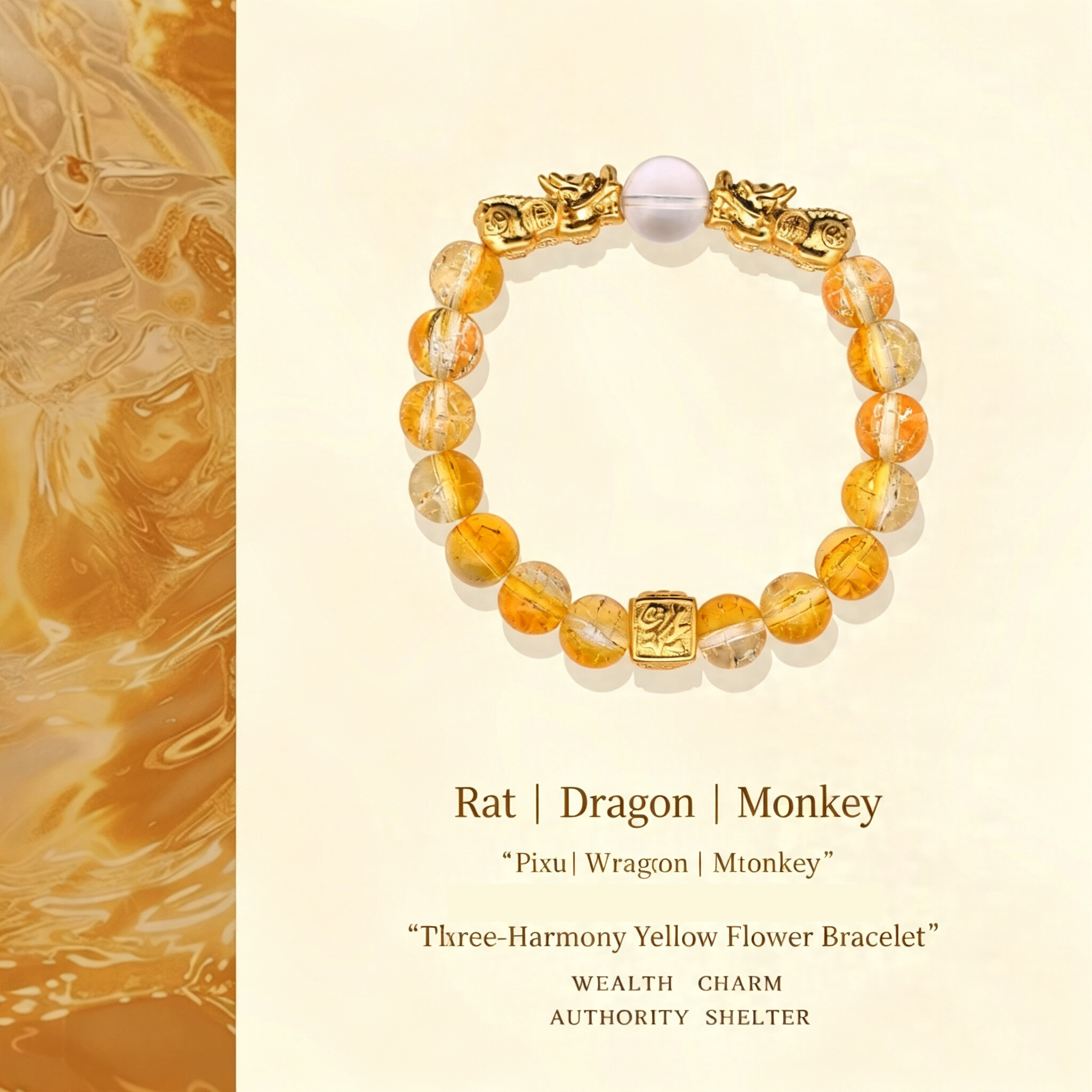 Lucky Wealth Pi Xiu Three In One Bracelet Unisex Copper Alloy Glass Bead Adjustable Wrist Jewelry