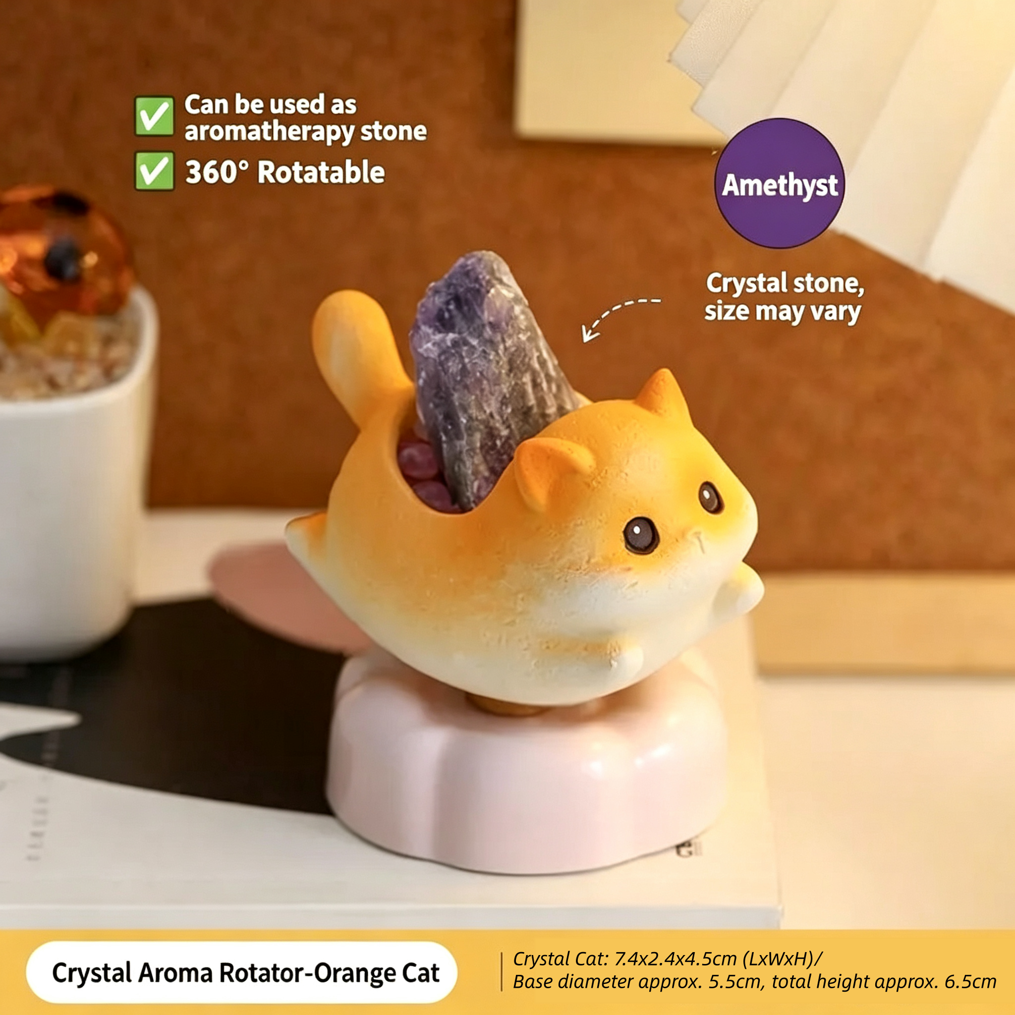 Rotatable Cartoon Cat Crystal Aroma Diffuser Stone Resin Stress Relief Desktop Ornament Home Decor Birthday Gift for Living Room Office Entryway