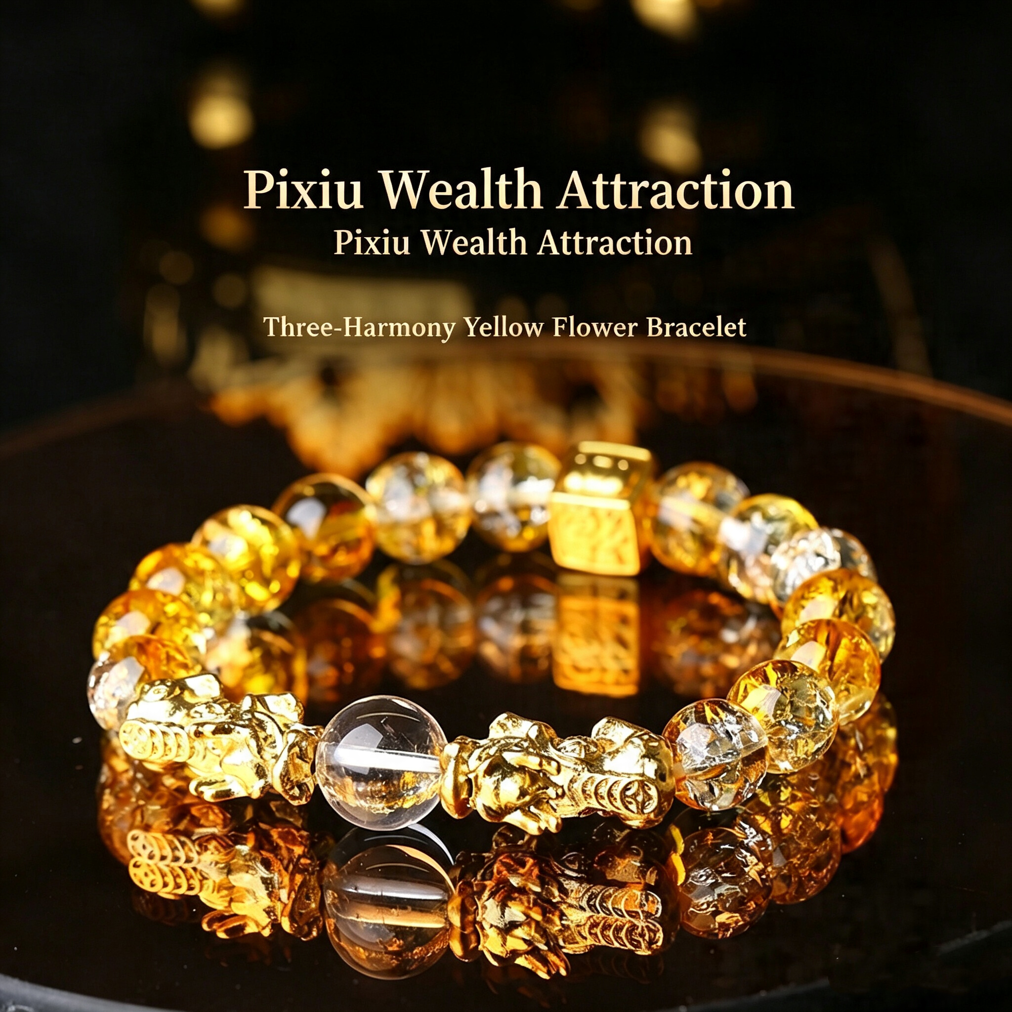 Lucky Wealth Pi Xiu Three In One Bracelet Unisex Copper Alloy Glass Bead Adjustable Wrist Jewelry