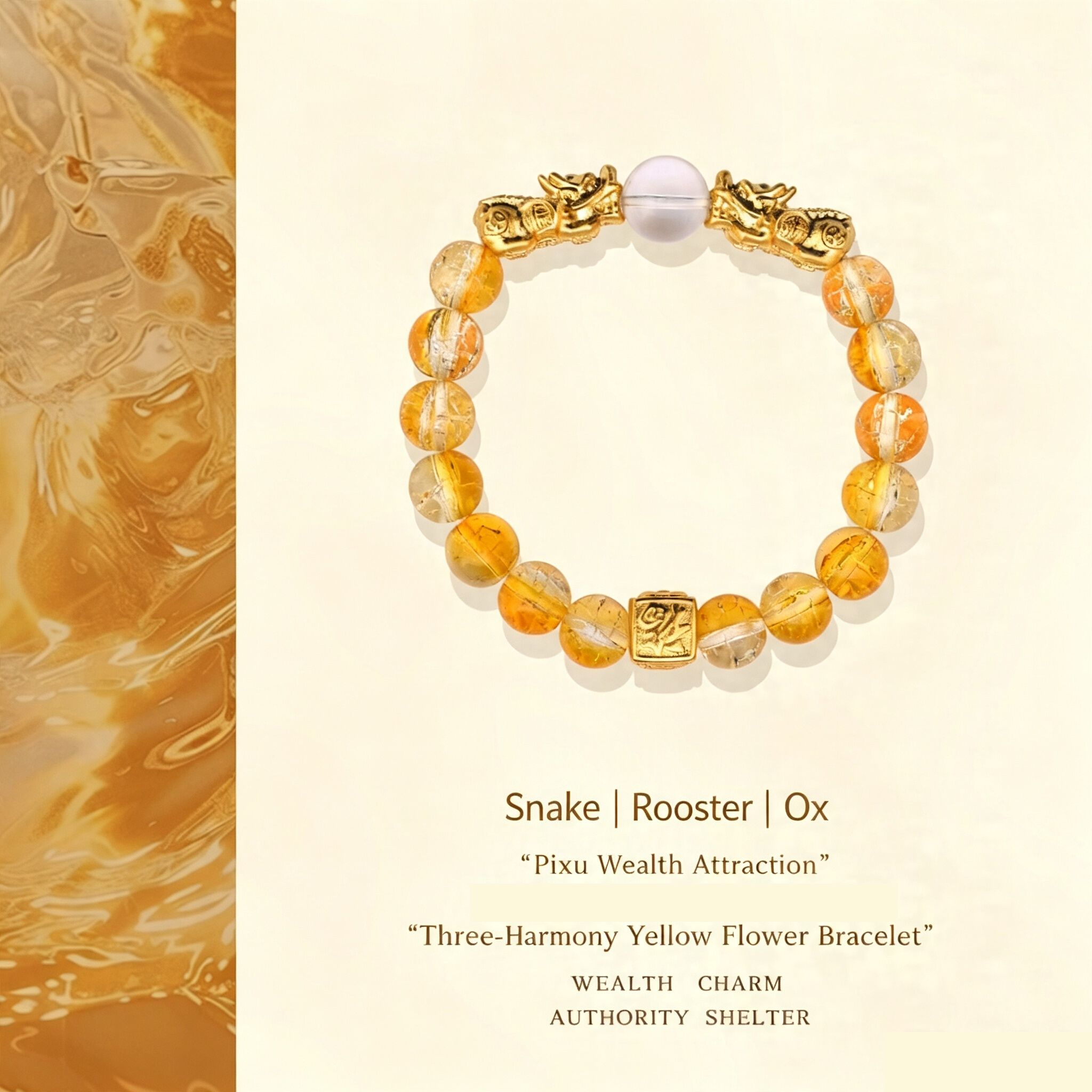Lucky Wealth Pi Xiu Three In One Bracelet Unisex Copper Alloy Glass Bead Adjustable Wrist Jewelry