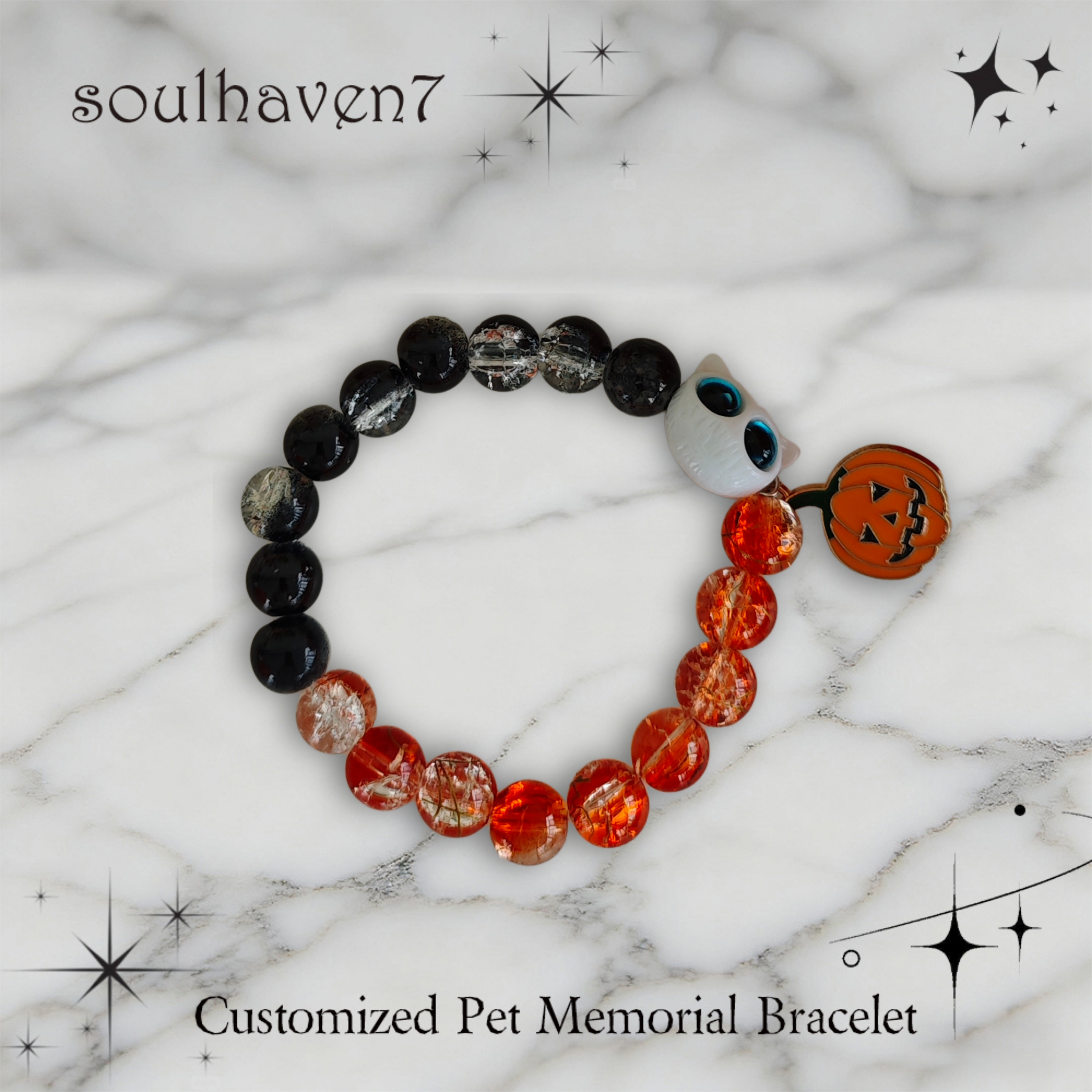 handmade Halloween pet loss bracelet with pumpkin charm