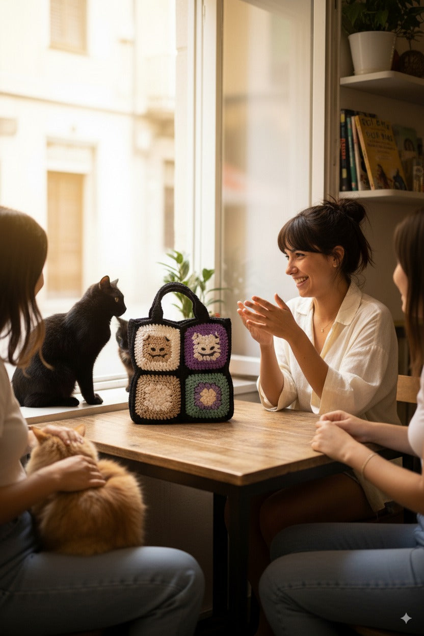 Handmade Crochet Cat Pattern Handbag Carry Your Pet's Expression as a Heartwarming Keepsake Unique Design Premium Cotton Handcrafted