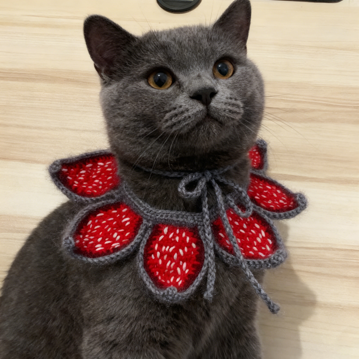 Hand-Crocheted Stranger Things Demogorgon Pet Bandana: Red-Gray with White Petal Patterns