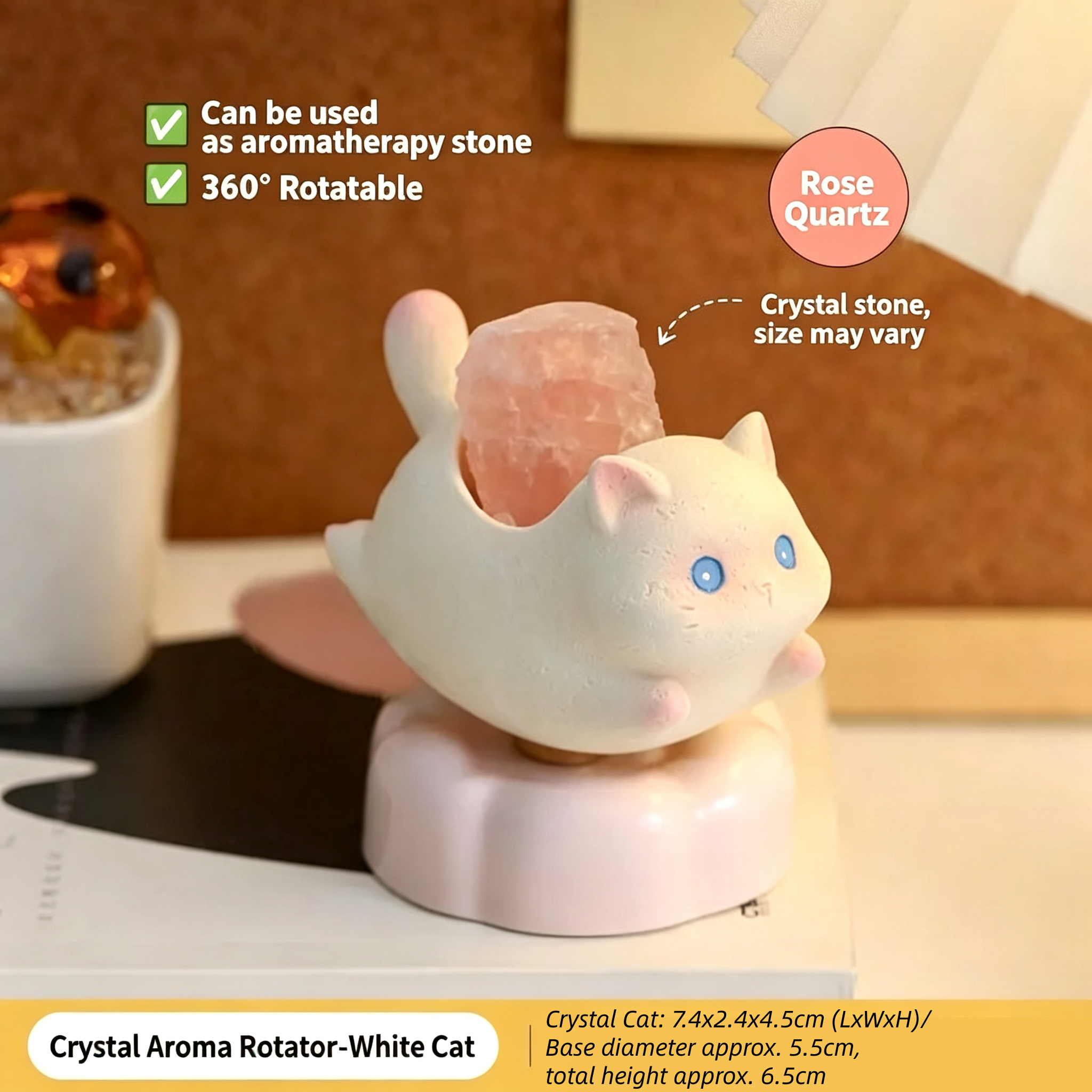Rotatable Cartoon Cat Crystal Aroma Diffuser Stone Resin Stress Relief Desktop Ornament Home Decor Birthday Gift for Living Room Office Entryway