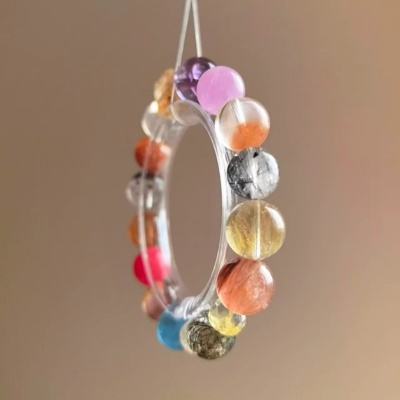 Multi-Gemstone Natural Chakra Healing Crystal Bracelet Handmade Mixed Rutilated Quartz Moss Agate Beaded Boho Jewelry Bracelet for Women Energy Balance Crystal Stone Bracelet
