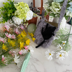 handmade crochet pet memorial bag with black cat design