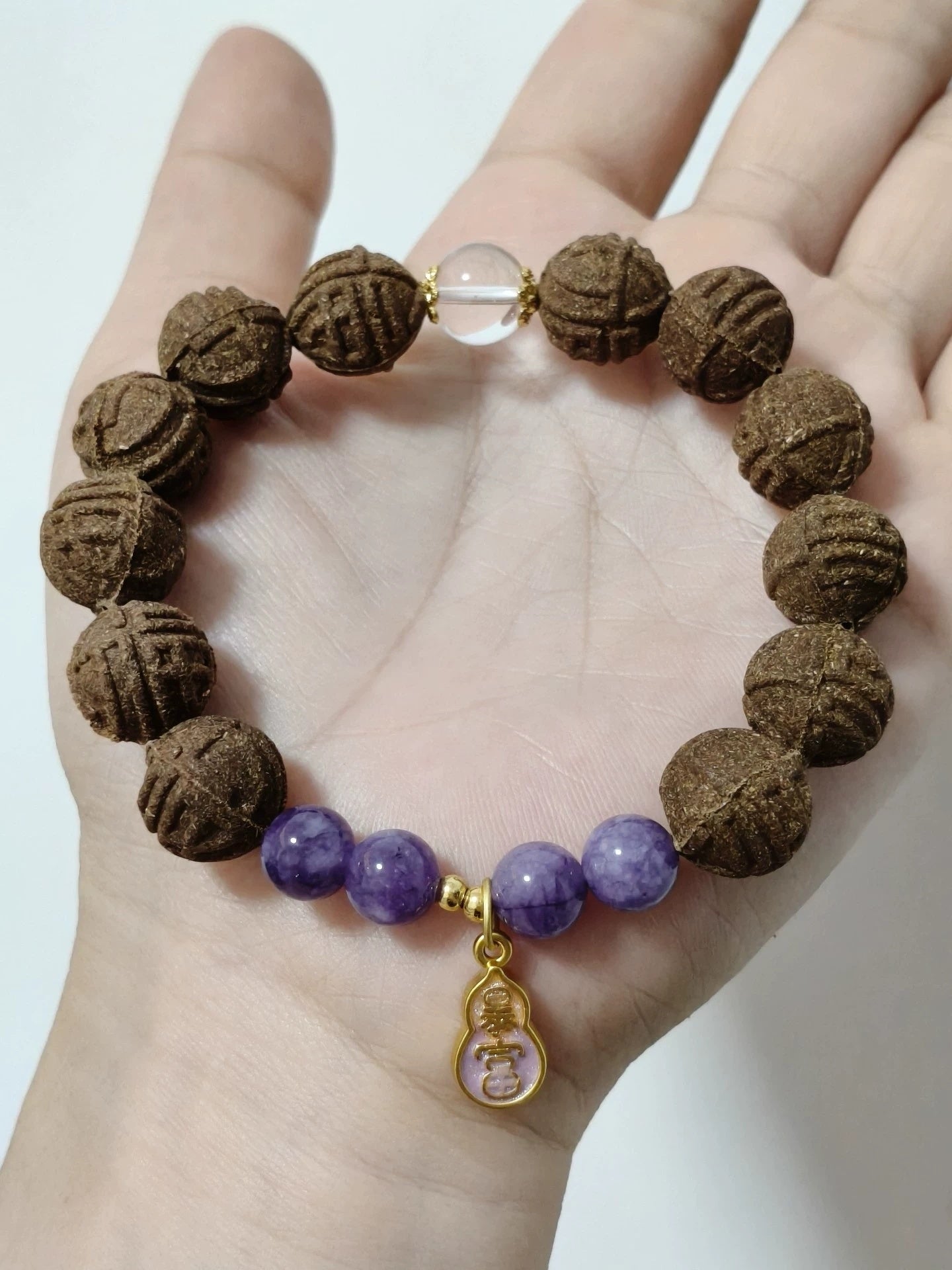 Musk-Free Traditional Natural Chinese Herbal Xiji Incense Bead Bracelet, Handcrafted Scented Beads with Amethyst Spacers & Fu Character Gourd Pendant, Natural Plant Fragrance Wellness Jewelry