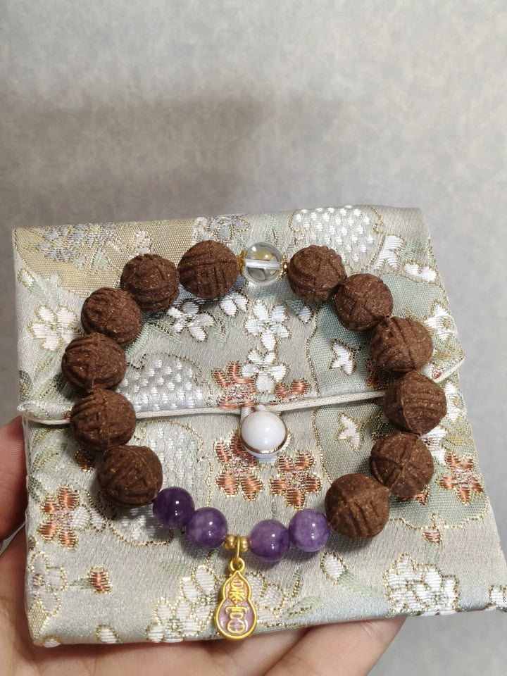 Musk-Free Traditional Natural Chinese Herbal Xiji Incense Bead Bracelet, Handcrafted Scented Beads with Amethyst Spacers & Fu Character Gourd Pendant, Natural Plant Fragrance Wellness Jewelry