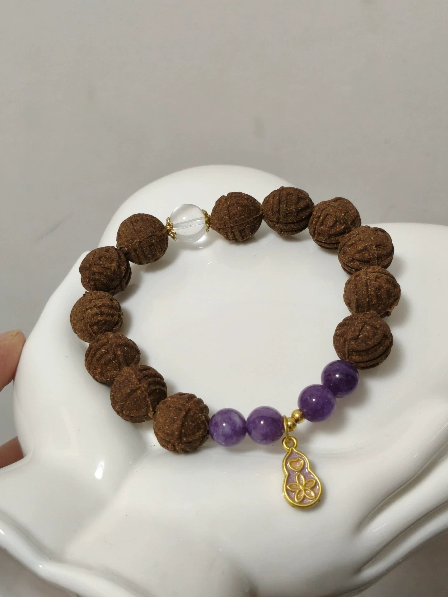Musk-Free Traditional Natural Chinese Herbal Xiji Incense Bead Bracelet, Handcrafted Scented Beads with Amethyst Spacers & Fu Character Gourd Pendant, Natural Plant Fragrance Wellness Jewelry