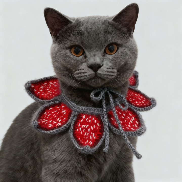 Hand-Crocheted Stranger Things Demogorgon Pet Bandana: Red-Gray with White Petal Patterns