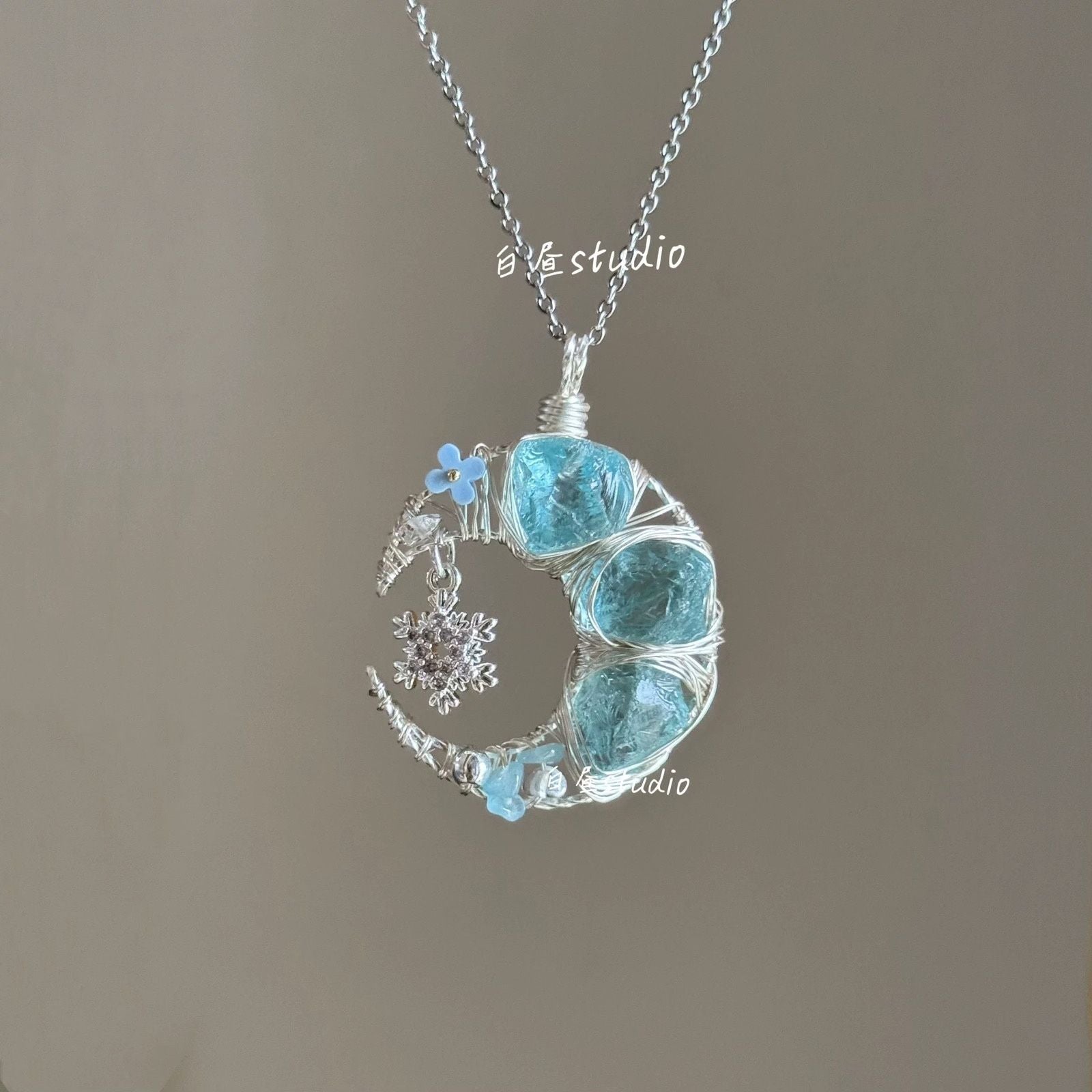 Original Moon Whisper Series Handmade Wire Wrapped Raw Crystal Pendant Titanium Steel Sweater Chain Cosmic Star Moon Cloud Universe Design Unisex Long Necklace