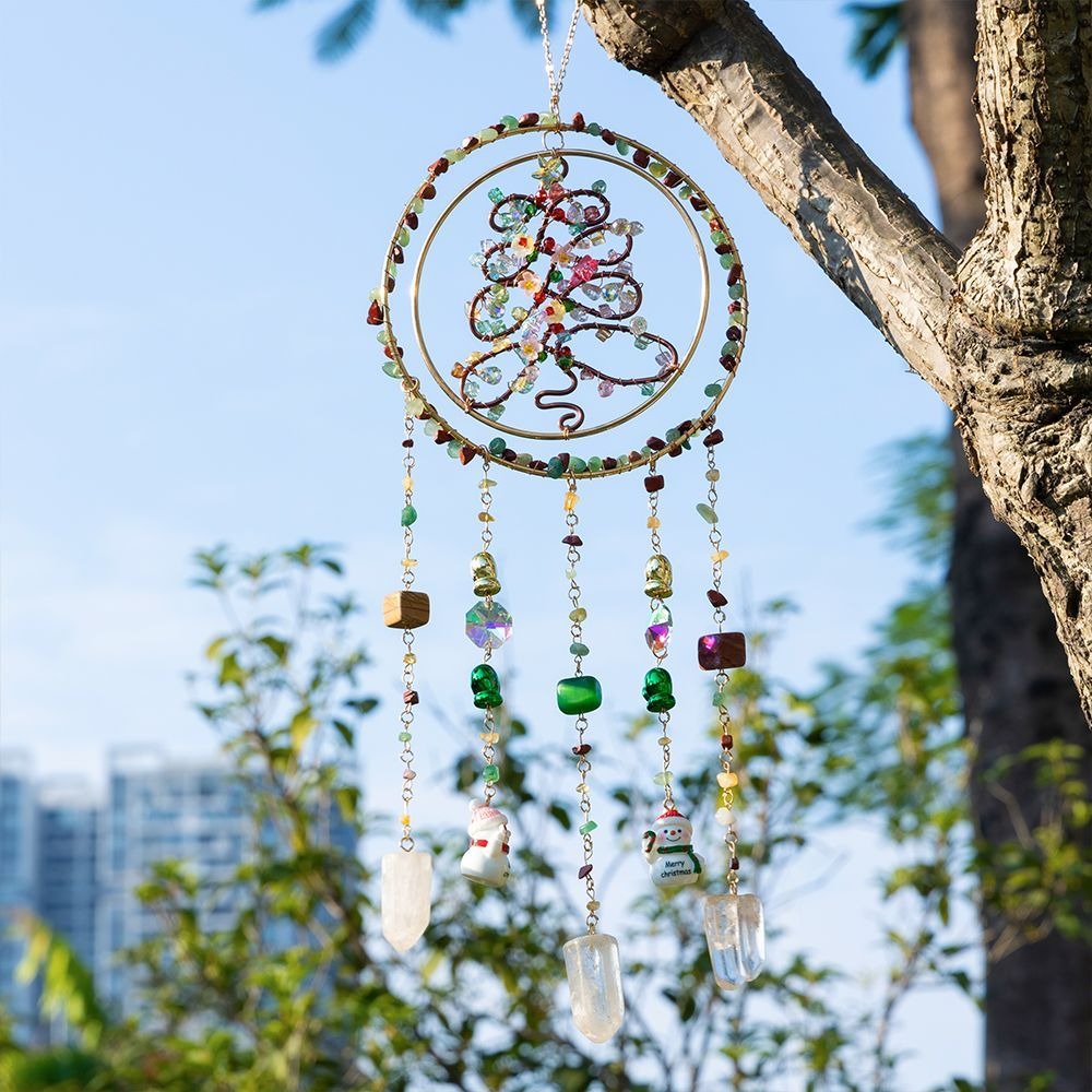 Christmas Tree Suncatcher Crystal Chips Rainbow Hanging Ornament Sunlight Catcher Wind Chime For Living Room Bedroom Home Decor