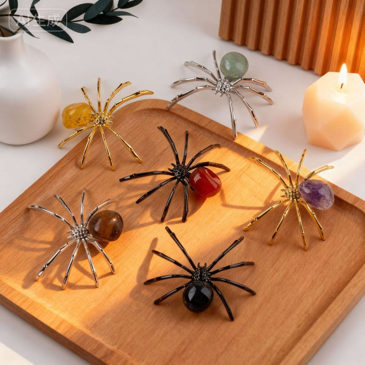 Natural Crystal Tumbled Stone Spider Ornament Amethyst Raw Stone Animal Mineral Specimen Halloween Unique Decor Figurine