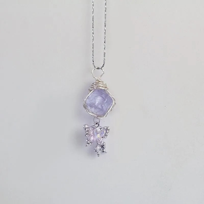 Natural Raw Crystal Wire Wrapped Pendant Necklace Alloy Chain Clear Quartz Rose Quartz Amethyst Dainty Clavicle Chain For Couple Daily Jewelry