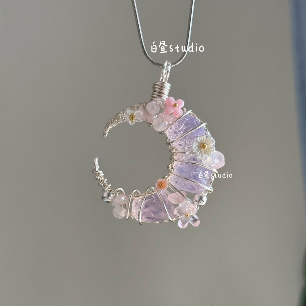 Original Moon Whisper Series Handmade Wire Wrapped Raw Crystal Pendant Titanium Steel Sweater Chain Cosmic Star Moon Cloud Universe Design Unisex Long Necklace