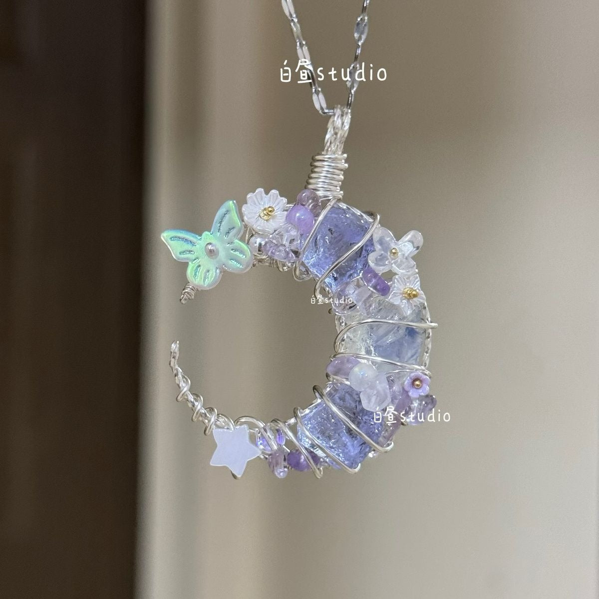 Original Moon Whisper Series Handmade Wire Wrapped Raw Crystal Pendant Titanium Steel Sweater Chain Cosmic Star Moon Cloud Universe Design Unisex Long Necklace