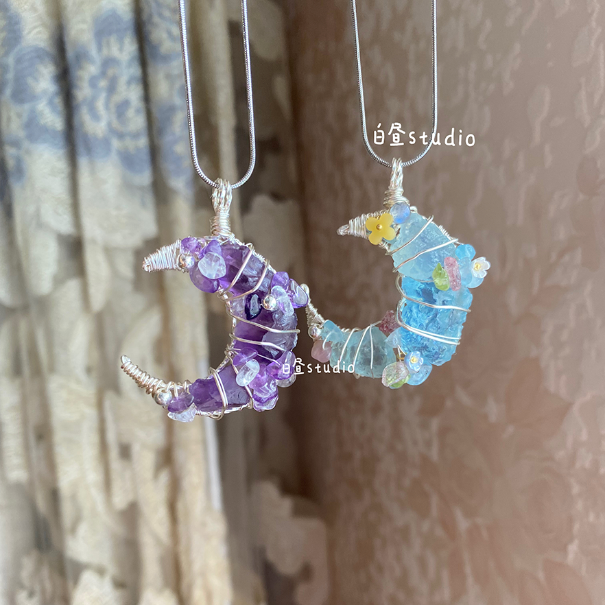 Original Moon Whisper Series Handmade Wire Wrapped Raw Crystal Pendant Titanium Steel Sweater Chain Cosmic Star Moon Cloud Universe Design Unisex Long Necklace