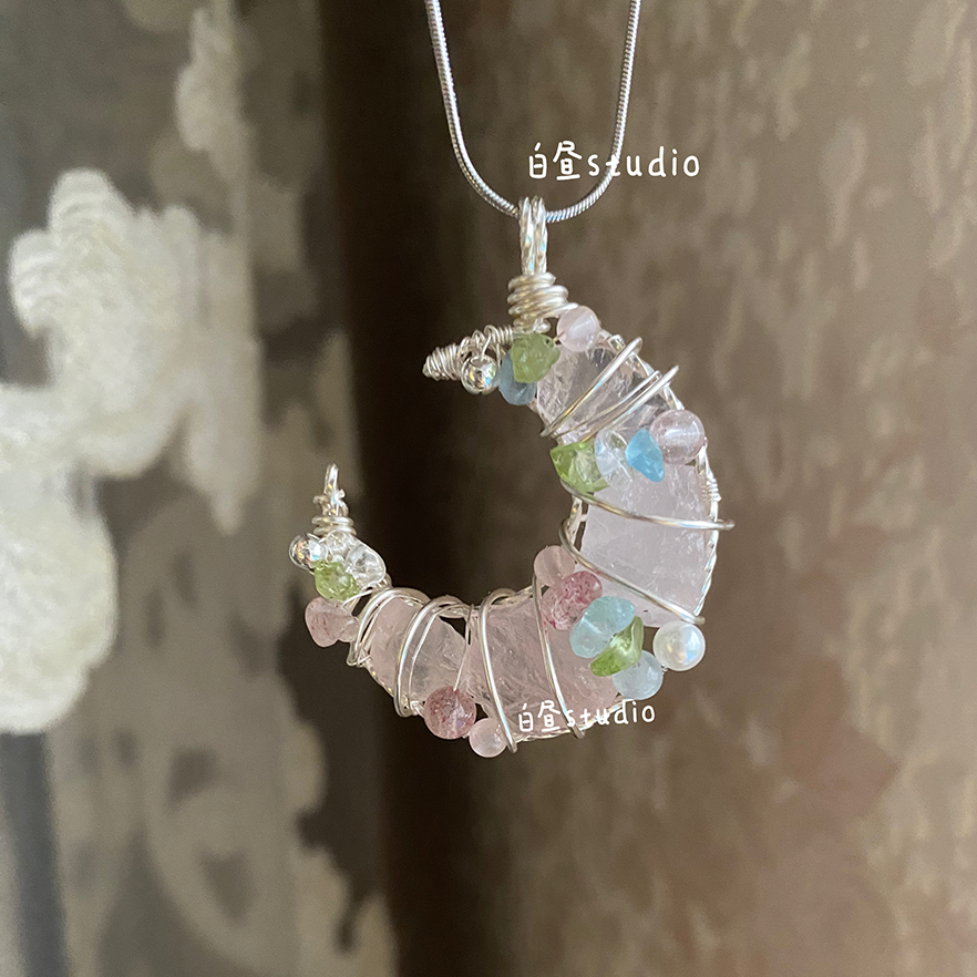 Original Moon Whisper Series Handmade Wire Wrapped Raw Crystal Pendant Titanium Steel Sweater Chain Cosmic Star Moon Cloud Universe Design Unisex Long Necklace