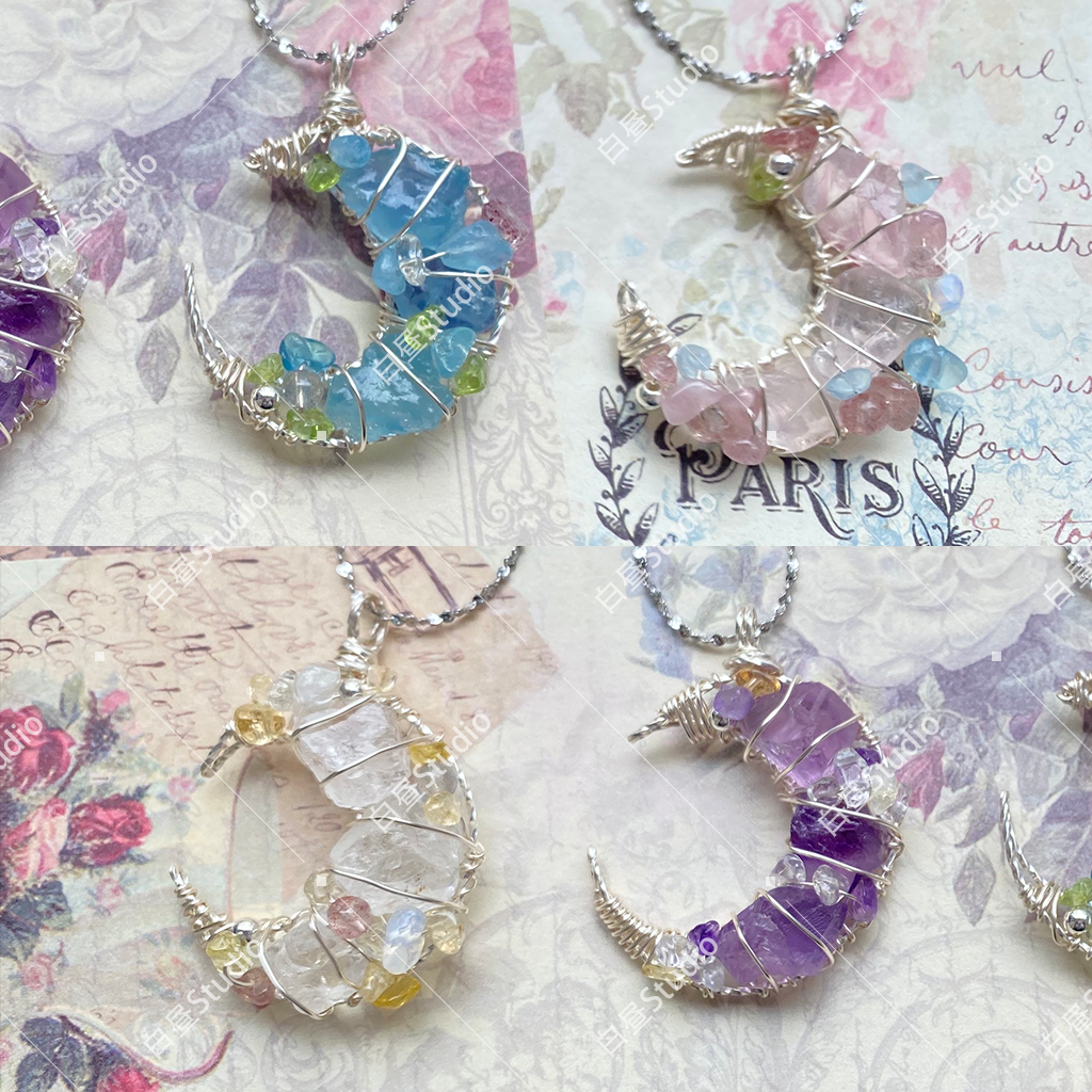 Original Moon Whisper Series Handmade Wire Wrapped Raw Crystal Pendant Titanium Steel Sweater Chain Cosmic Star Moon Cloud Universe Design Unisex Long Necklace