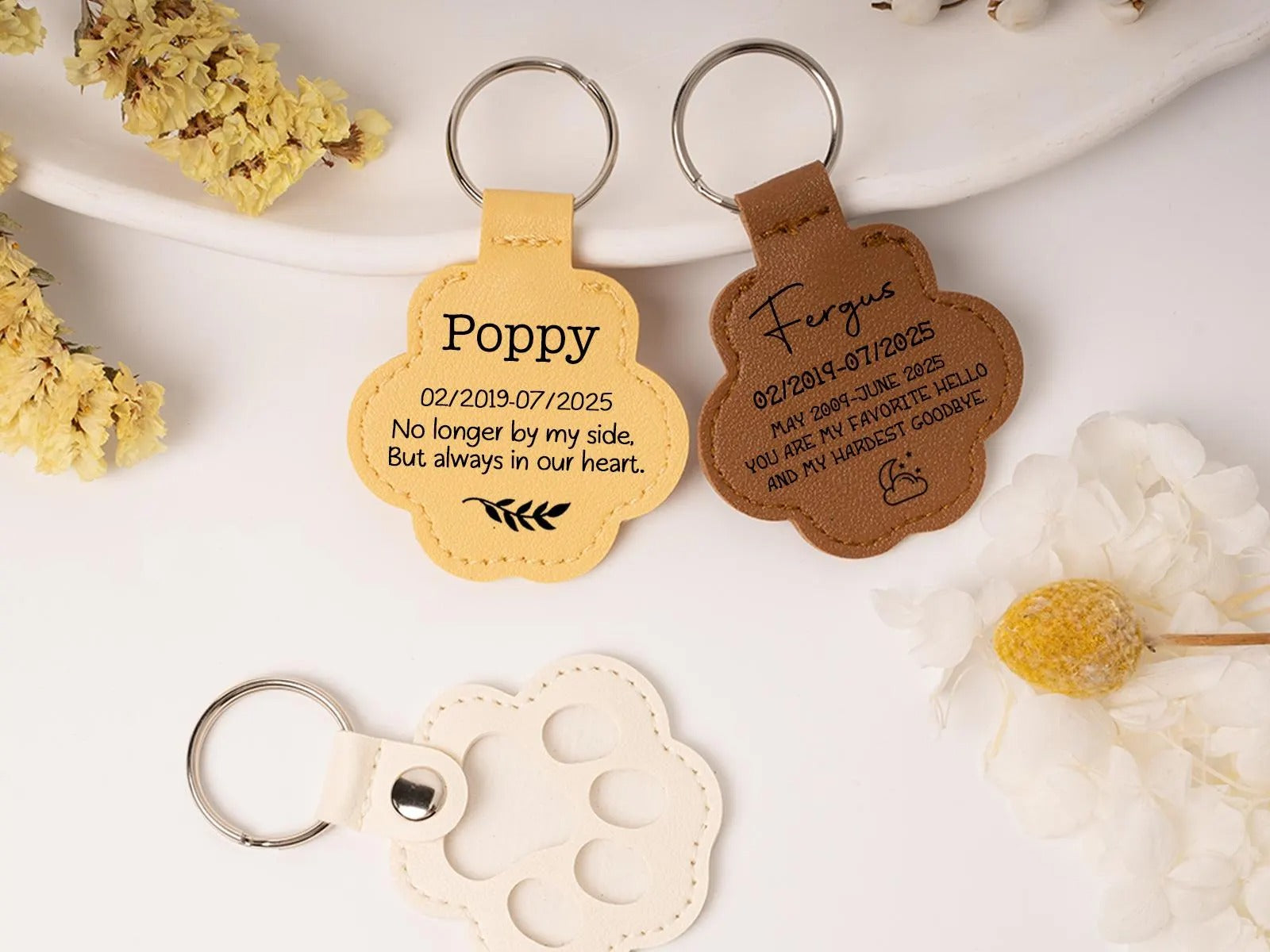 Custom Engraved Leather Pawprint Keychain with Embedded Pet Fur - Pet Hair Storage Keepsake, Pet Loss Memorial Gift for Pet Lovers