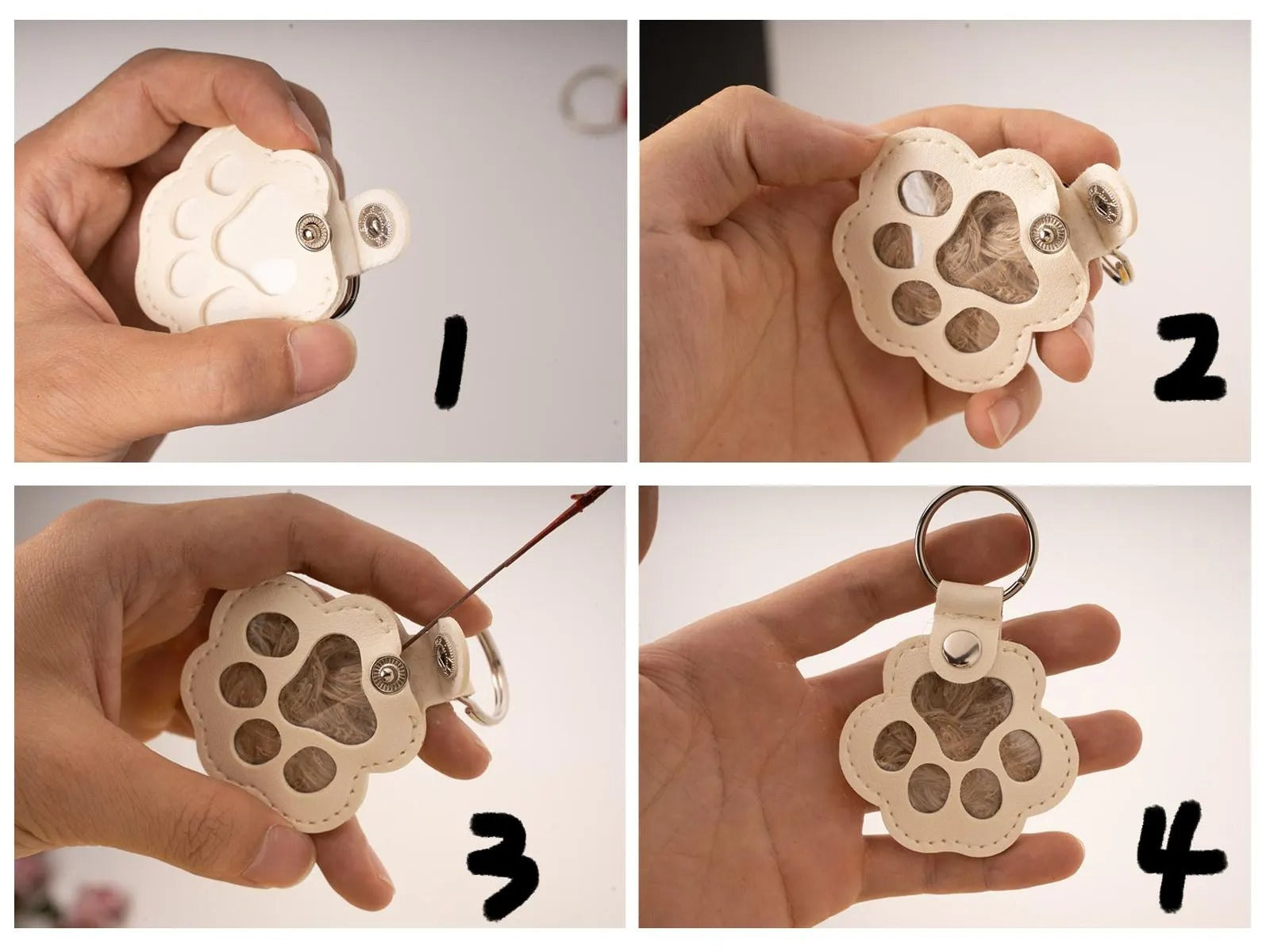 Custom Engraved Leather Pawprint Keychain with Embedded Pet Fur - Pet Hair Storage Keepsake, Pet Loss Memorial Gift for Pet Lovers