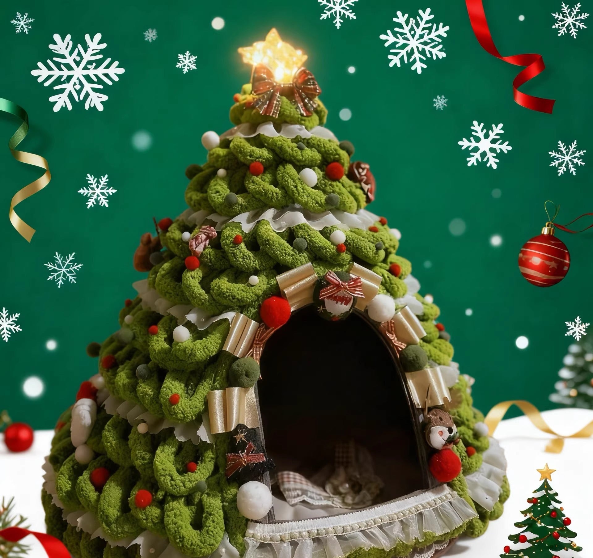DIY Knitted Christmas Tree Cat Bed - Chunky Yarn Pet House for Holiday Atmosphere