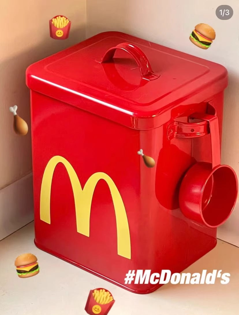 【 Buy 1, Get 2 Free! 😍】 Fun McDonald's Iron Pet Food Storage Bucket in Red - With Sealing Gasket to Prevent Moisture and Keep Pets from Opening. 6-10L Large Capacity