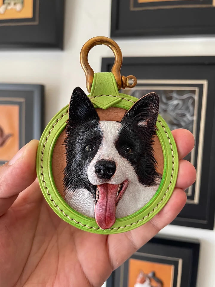 Handmade Leather Carved Pet Portrait Keychain - Custom Sculpted, Dyed & Stitched
