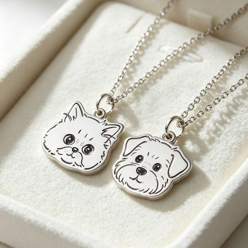 Custom Hand Drawn Pet Portrait Titanium Steel Necklace Personalized Multiple Dogs Cats In One Photo Cute Healing Style Pet Keepsake Jewelry