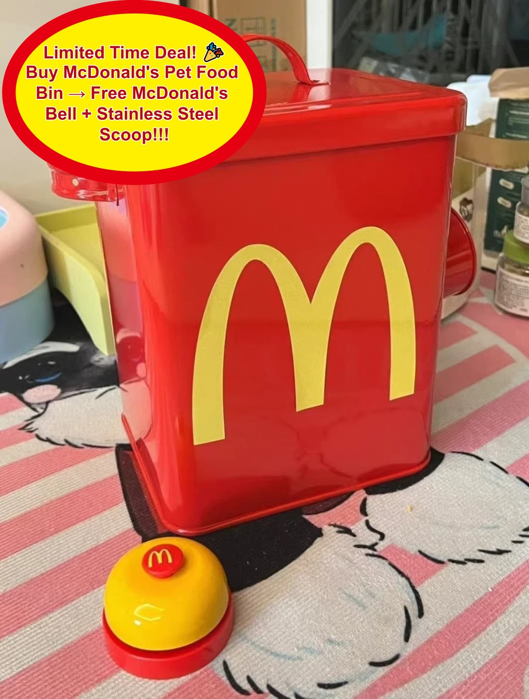 【 Buy 1, Get 2 Free! 😍】 Fun McDonald's Iron Pet Food Storage Bucket in Red - With Sealing Gasket to Prevent Moisture and Keep Pets from Opening. 6-10L Large Capacity