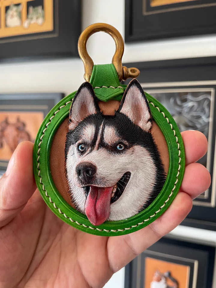 Handmade Leather Carved Pet Portrait Keychain - Custom Sculpted, Dyed & Stitched