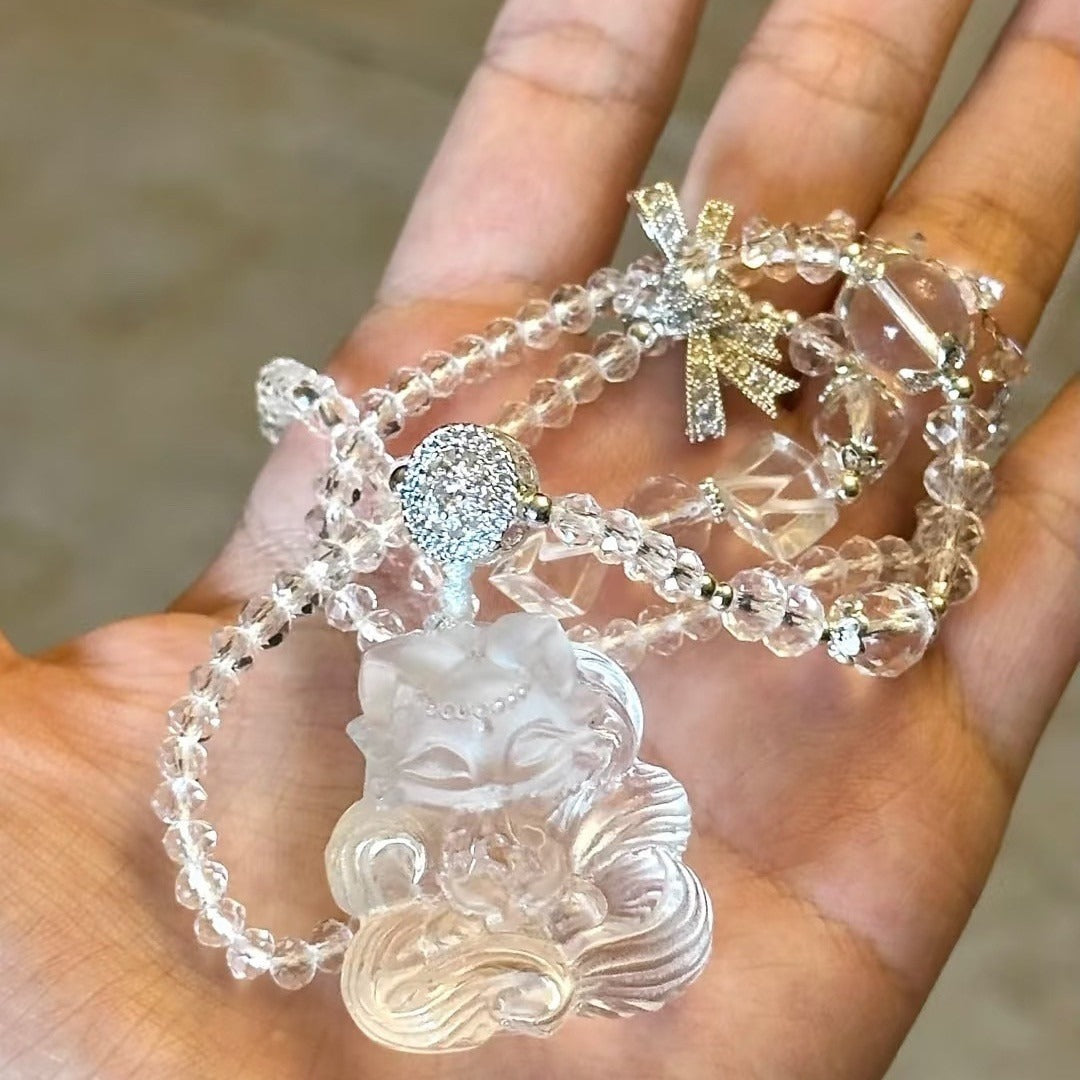 Natural Clear Quartz Cute Nine Tailed Fox Pendant Fashion Wealth Attracting Cute Fox Double Sided Carved 3D Exquisite Sculpted Necklace