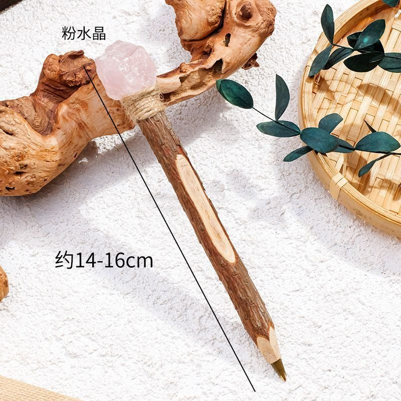 Natural Crystal Raw Stone Magic Pen Eco Friendly Wooden Ballpoint Pen Log Crystal Craft Scepter Signature Pen Niche Decor
