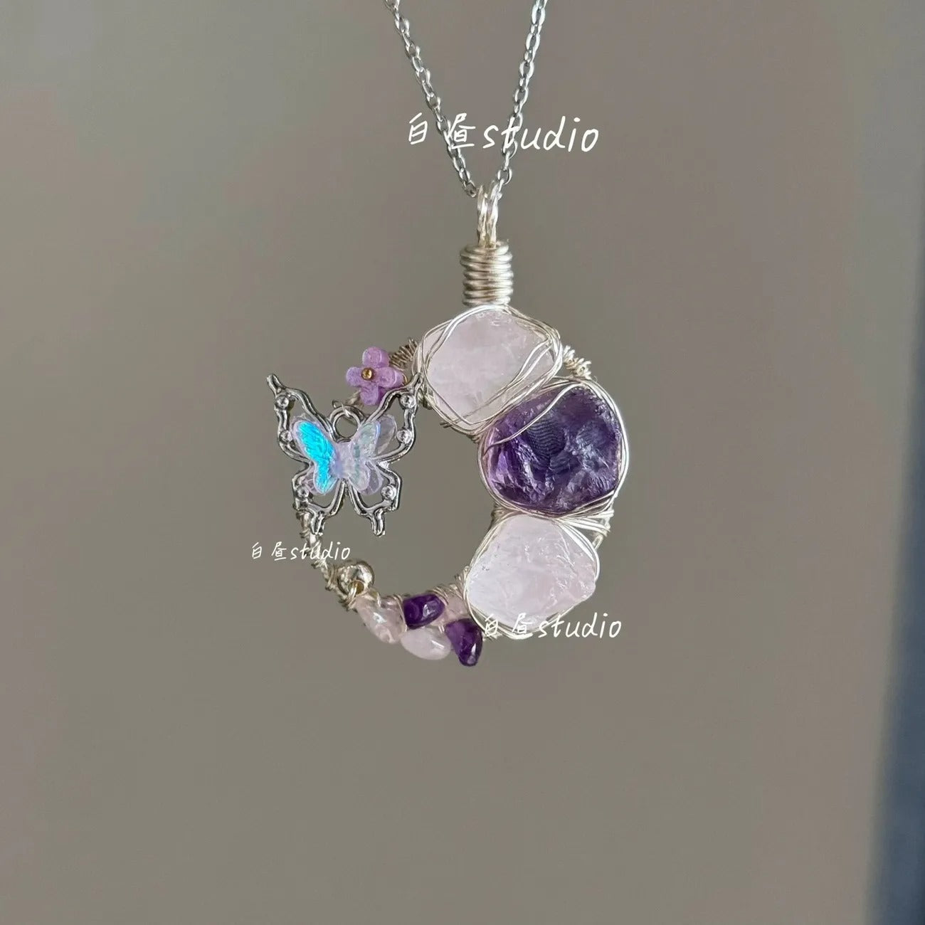 Original Moon Whisper Series Handmade Wire Wrapped Raw Crystal Pendant Titanium Steel Sweater Chain Cosmic Star Moon Cloud Universe Design Unisex Long Necklace