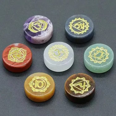 7 Chakra Natural Rough Crystal Palm Stone Set Engraved Sacred Symbols Colorful Mineral Specimens Yoga Meditation Stones