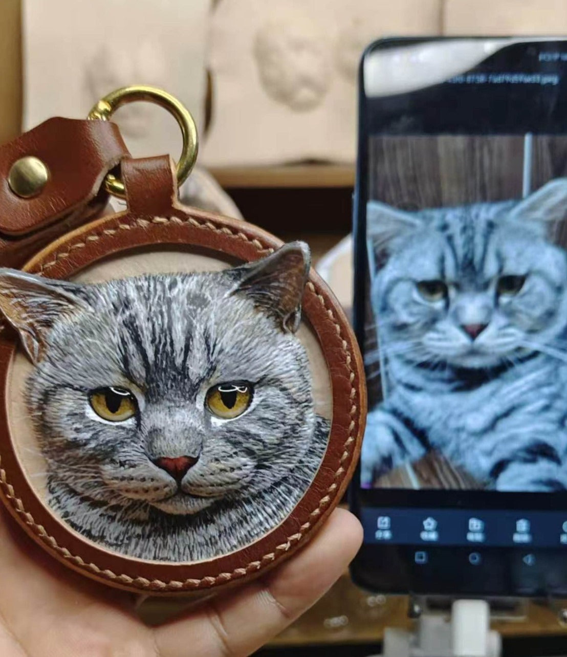 Custom Hand Tooled Leather Pet Keychain 3D Embossed Cat Dog Portrait Permanent Pet Memorial Handcrafted Stereo Headshot Keepsake