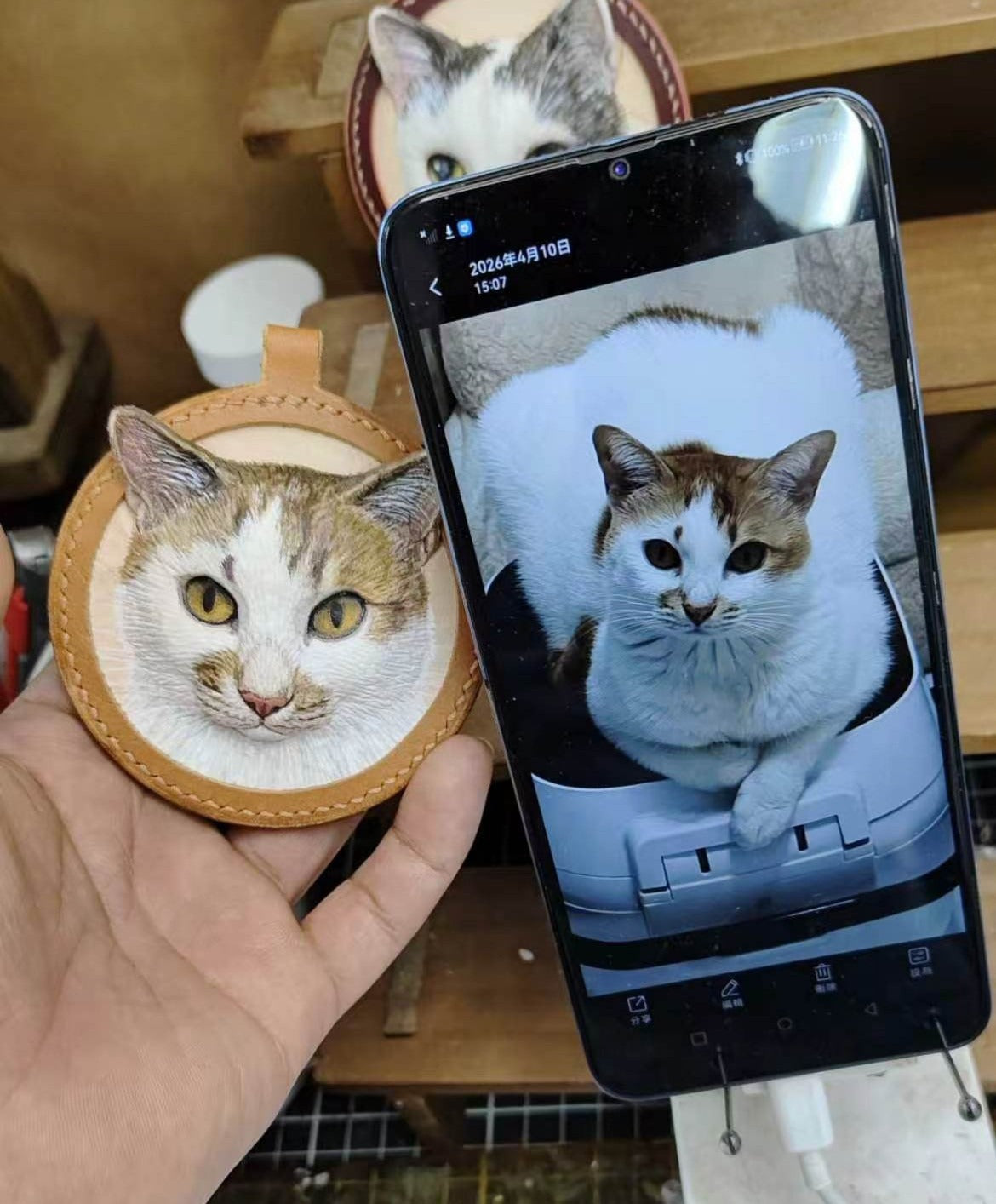 Custom Hand Tooled Leather Pet Keychain 3D Embossed Cat Dog Portrait Permanent Pet Memorial Handcrafted Stereo Headshot Keepsake