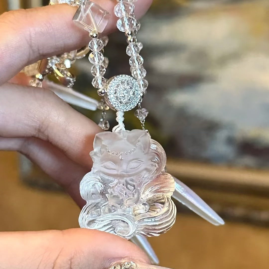 Natural Clear Quartz Cute Nine Tailed Fox Pendant Fashion Wealth Attracting Cute Fox Double Sided Carved 3D Exquisite Sculpted Necklace