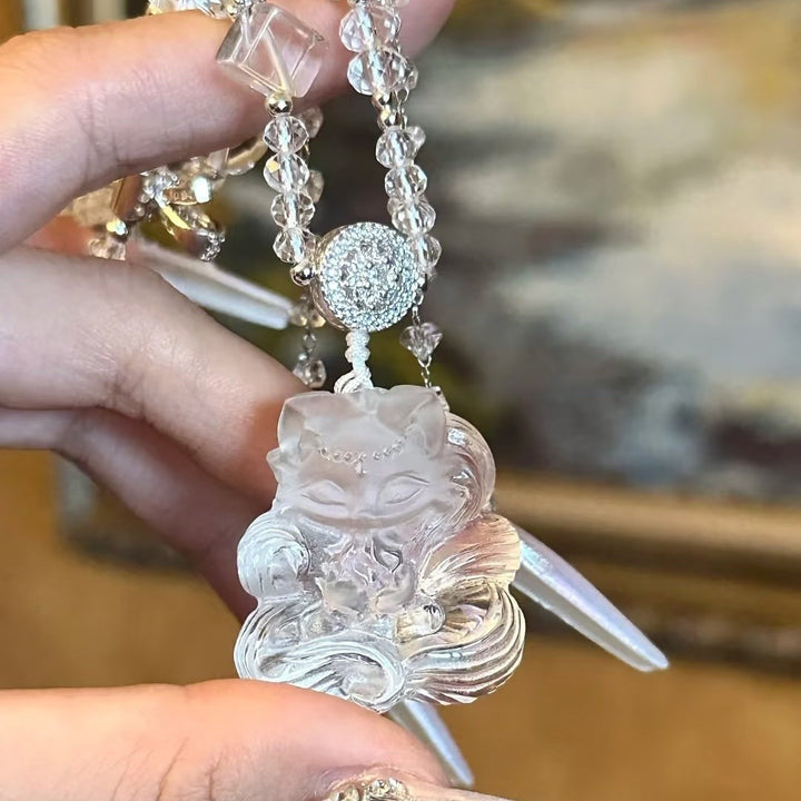 Natural Clear Quartz Cute Nine Tailed Fox Pendant Fashion Wealth Attracting Cute Fox Double Sided Carved 3D Exquisite Sculpted Necklace