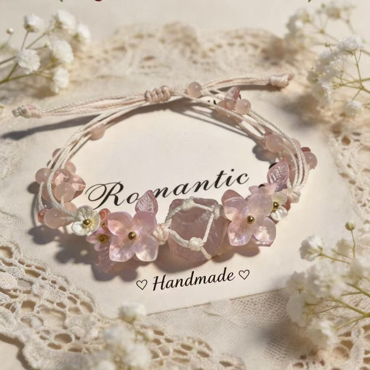 Handwoven Raw Crystal Braided Bracelet Summer Fresh Floral Dopamine Color Adjustable Rope Bracelet Cute Girly Healing Crystal Wrist Jewelry