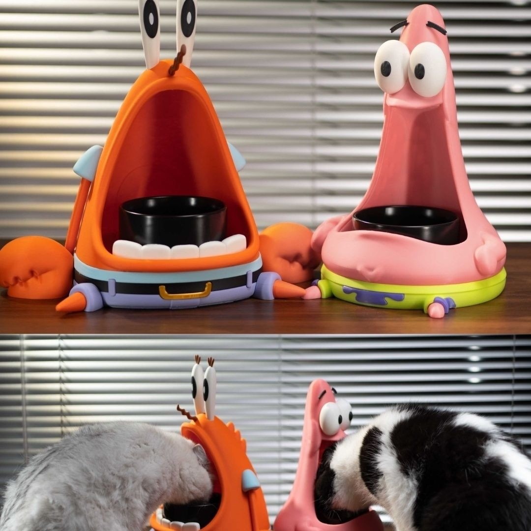 Custom Engraved Pet Name Starfish Crab Boss Pet Bowl With Storage Holder Popular New Cartoon Feeding Dish For Dog Cat Cute Pet Food Water Bowl Home Pet Accessories