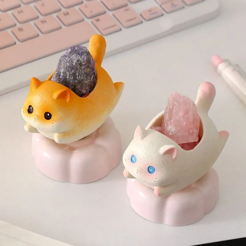 Rotatable Cartoon Cat Crystal Aroma Diffuser Stone Resin Stress Relief Desktop Ornament Home Decor Birthday Gift for Living Room Office Entryway