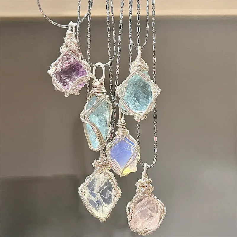 Natural Raw Crystal Wire Wrapped Pendant Necklace Alloy Chain Clear Quartz Rose Quartz Amethyst Dainty Clavicle Chain For Couple Daily Jewelry