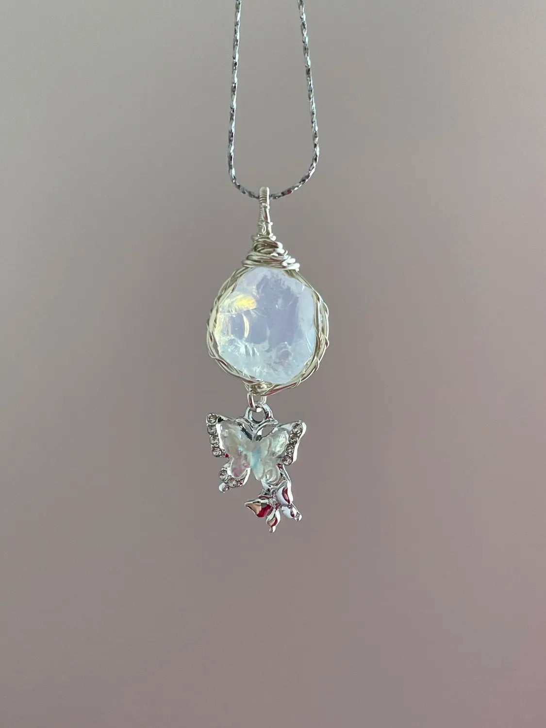 Original Natural Amethyst Aquamarine Rough Stone Handmade Wire Wrapped Butterfly Pendant Necklace Trendy Minimalist Unique Jewelry