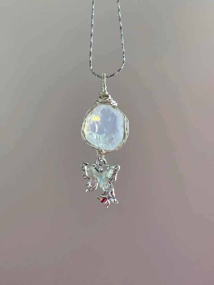 Original Natural Amethyst Aquamarine Rough Stone Handmade Wire Wrapped Butterfly Pendant Necklace Trendy Minimalist Unique Jewelry