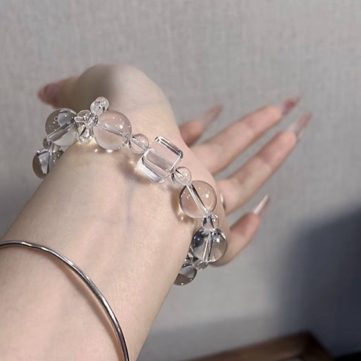 Natural White Crystal Bubble Bead Bracelet For Women Minimalist Fashion Stackable Beaded Jewelry Gift For Best Friend Student Glass Bead Bracelet