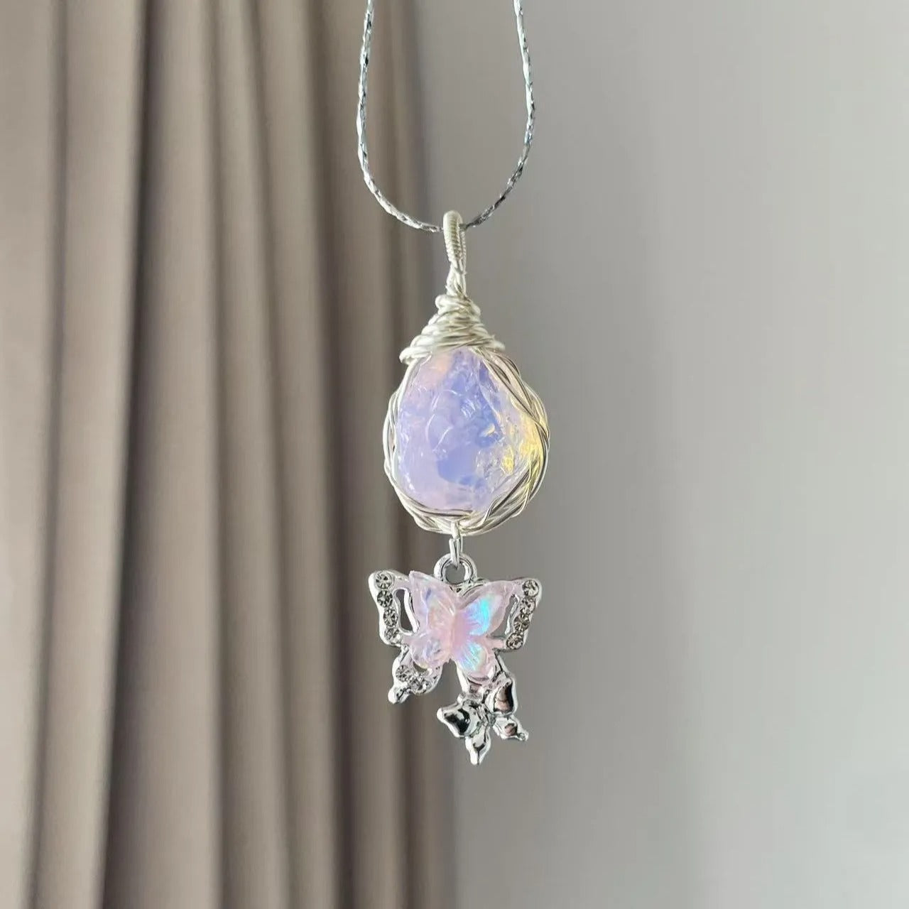 Original Natural Amethyst Aquamarine Rough Stone Handmade Wire Wrapped Butterfly Pendant Necklace Trendy Minimalist Unique Jewelry